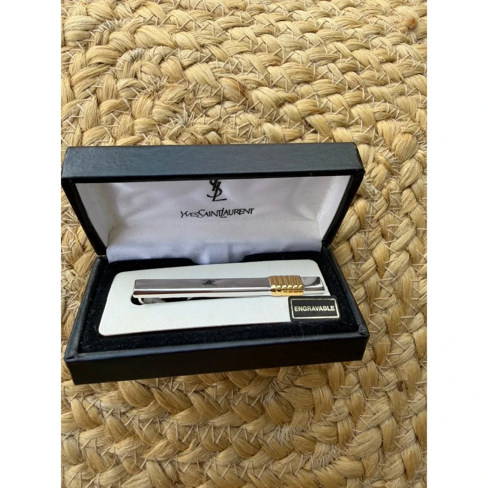Yves Saint Laurent Tie Clip Bar Engravable Silver Gold New Mens Suit Wedding